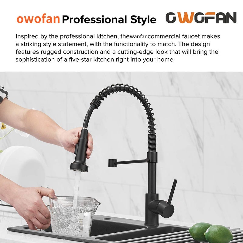 OWOFAN Modern Single Handle Spring Kitchen Faucet with Pull Down Sprayer, Matte Black Kitchen Sink Faucet 866080R - Image 2